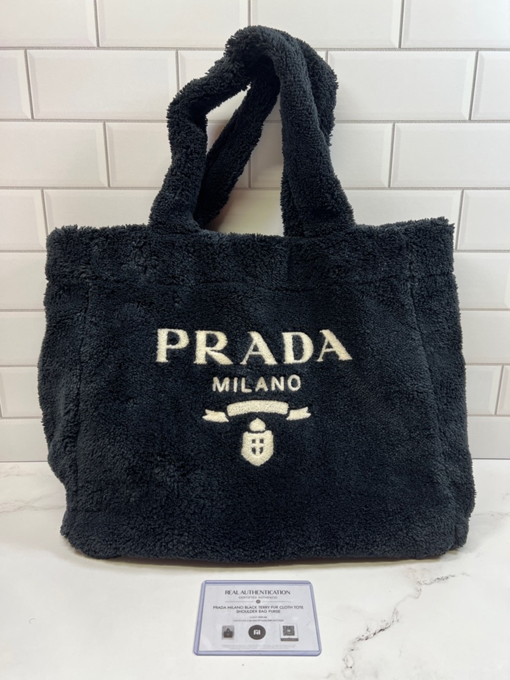 Prada Milano Black Terry Fur Cloth Tote Shoulder Bag Purse